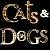 A split-frame buddy icon featuring a stylized text logo on the left and a close-up of a fluffy white cat's face on the right, both rendered in low-resolution pixel art style.