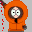 Pixelated character in orange hooded coat with brown trim, gray gloves, and black zipper; red pixel dots fall from left side.