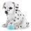 Pixelated dog with black spots on white fur, sitting upright and looking forward with a neutral expression.