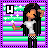Pixel art character with long black hair, white crop top, and checkered pants against striped background; letter H changes color across frames.