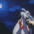 Animated sequence of a character with long white hair and red accents against a dark blue background, showing motion from stillness to bright light emission.