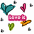 Animated icon with heart shapes and text banners changing between 'Love is' and 'all ya need<3', surrounded by small gray hearts on white background.