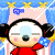 Pixelated cartoon character with black pigtails and red dress, holding blue object near face against striped background.
