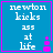 Blue background with white text reading 'newton kicks ass at life' and a small pink pixelated shape on the right side.