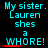 Static image of cyan text on black background with red underlines beneath 'WHORE!' in three repeated