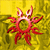 Red circular icon with radiating flame-like shapes on yellow background, transitioning from full circular form to vertical stack of shapes.