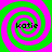 Four identical spiral patterns with alternating green and pink rings, each containing the text 'katie' in black pixelated font.