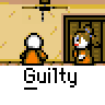 Animated contact sheet of a pixel art character in orange jumpsuit with white helmet, showing sequential actions including running, door interaction, and speech bubbles against beige wall background.