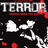 Pixelated image with 'TERROR' text above white skeletal hands against a black background with red splatters.