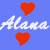 A static contact sheet of a 3x3 grid showing repeated frames from an animated icon with three vertical color bands (blue, lavender, pink) each containing red hearts and white cursive text "Alana".