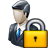 Pixelated figure in dark suit with blue tie holding large yellow padlock against gray background.
