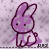 Purple cartoon rabbit with black outline stands on light purple background with gray speckles, text 'usagi' appears below.