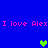 Blue background with pink text repeating "I love Alex" and three pixelated hearts in green, dark green, and light green.