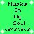 Green background with black text reading "Musics In My Soul" and a repeating pattern of three musical notes, surrounded by white star-like shapes.