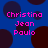 Blue background with dark brown circular shapes and pink text reading Christina Jean Paulo in four repeated sections.