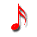 Red musical eighth note with black shadow on white background, showing three distinct animation frames.