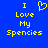 Blue background with yellow pixelated text reading "I Love My Spencies" and a heart symbol replacing the 'O' in Love on one side.