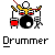 Pixel art of a drummer playing drums with red and black drum set, yellow shirt, white head, and 'Drummer' text below.