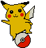 Yellow cartoon character with red cheeks and black-tipped ears stands on a red-and-white spherical object, alternating between two poses.
