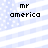 Pixelated text 'mr america' on a light blue and white striped background with scattered white dots.