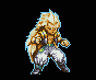 Pixel art character with spiky blonde hair in multiple poses, wearing white pants and blue boots against black background.