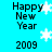 Pixelated blue background with black text reading "Happy New Year" and "2009", white snowflakes scattered across the image.