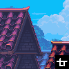 Pixel art scene showing a building with purple-tiled roof and brick walls under blue sky with clouds, featuring red-tiled roofs on adjacent structures.