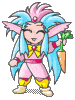 Pixelated character with blue hair, pink accents, and yellow shoes holds a carrot in one hand while the other hand is empty.