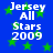 Blue background with green stars and white text reading "Jersey All Stars 2009" in pixelated font.