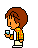 Pixel art character with brown hair in various poses holding a blue object, wearing a yellow-and-orange checkered jacket over white shirt and pants, with Japanese text and sparkles in one frame.