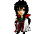 Pixelated character with black hair and green headband stands in red and white outfit, first frame shows neutral pose, second frame shows raised hand with yellow spark near hand.