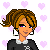 Pixel art of a 1950s-style female character with brown curly hair, purple eyes, and hoop earrings wearing a black sweater over a white collar.