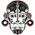 Pixelated mask-like face with symmetrical patterns, large circular earrings, and a central vertical line on a white background.