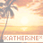 Pixelated sunset scene with palm tree silhouette on left, bright sun over water horizon, and text banner reading 'KATHERINE' in brown letters.
