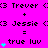 A bright pink background displays repeated text and symbols with cyan heart animations, showing names 'Trever' and 'Jessie' alongside 'true luv' and plus signs.
