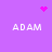 Purple background with four 'ADAM' text blocks and three pink pixelated symbols: a heart, starburst, and cluster.