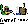 Animated contact sheet showing 12 frames of a pixel art game scene with character movement, text overlays, and repeated "GameFreak" branding across the top and bottom borders.