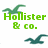 Green pixelated text 'Hollister & co.' with two green bird silhouettes on white background.