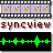 Pixelated film strip with five purple frames showing yellow-green Y-shaped icons above red 'syncview' text and green audio waveform on black background.