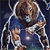 Pixelated static image of a cartoon character in blue sports uniform with white accents, holding an object against dark background.
