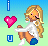 Pixel art buddy icon featuring a blonde cartoon girl with pink cheeks and black lips, holding a white object against a gradient background with blue 'i' and 'U' icons and a pink heart on the left side, next to green text reading "Original Icons .com" on a dark green background.