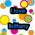 A static image with a white background covered in colorful circles and two black text boxes reading "I love" and "Brittany".
