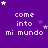 Purple background with repeated white text 'come into mi mundo' and scattered white and light purple stars in a