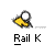 Pixelated yellow figure with white circular head holding black stick, positioned above text "Rail K" on gray background.