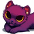 Purple cartoon cat with yellow-ringed eyes lying down, shown in three slightly different poses across a