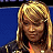 Pixelated image of a person with long blonde hair wearing a dark jacket over a red garment against a blue background.