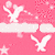 Pink background with white pixelated eagles, stars, and abstract shapes in motion.