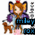 Pixelated character with fox ears, brown hair, green eyes, purple jacket over light blue shirt and pink pants holding a small brown dog.