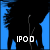 Pixelated blue and black silhouette of a figure with tree-like hair holding a microphone, displaying 'IPOD' text in white on left frame and blue on right frame.