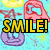 Pixelated image with light blue background, yellow stars, and repeating pink/purple shapes; text overlays read "SMILE!", "summer's almost over!", "wait a minute....", "wah wah! bad school that's a no no".